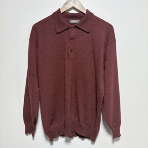 Spiegel Sweater Mens XL Maroon Merino Wool Pullover Button Neck Collar Preppy